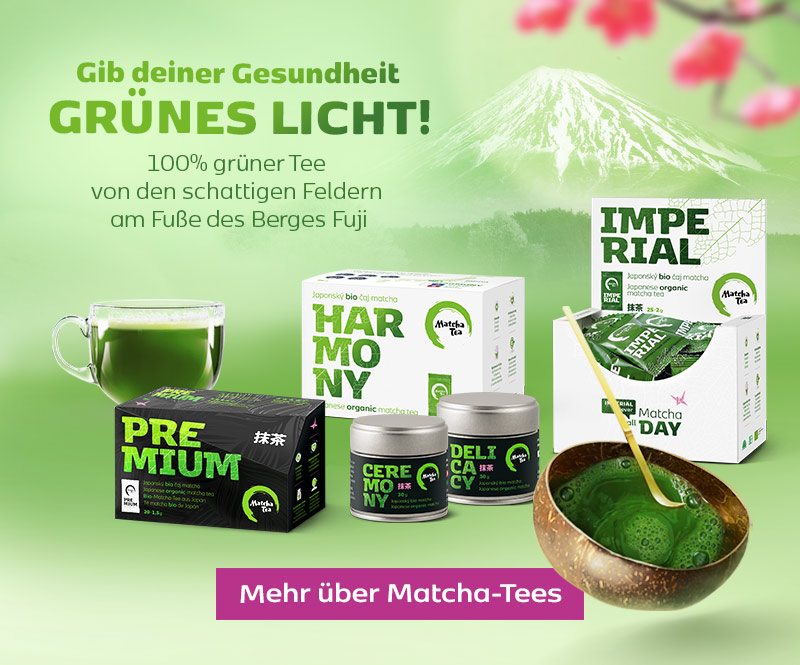 Matcha Tee ist ein hochwertiger japanischer grüner Tee, reich an Antioxidantien, die den Stoffwechsel anregen. Matcha-Tees sind nicht nur ideal, um neue Energie zu tanken, sondern erhöhen auch die Konzentrationsfähigkeit und beruhigen den Geist.