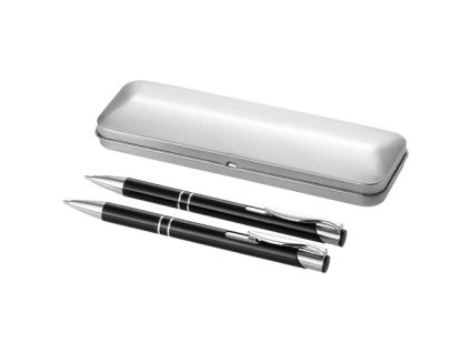 Guľôčkové pero (čierna náplň) a mechanická ceruzka, solid black,silver