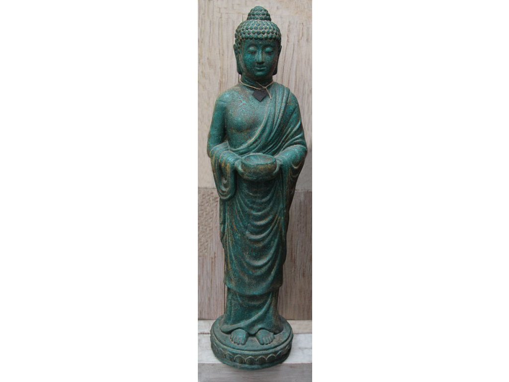 Socha Budha Buddha stojící s mísou 117cm zeleno-hnědá patina