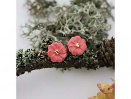 Porcelánové náušnice červená kvítka se zlatým středem - mini
