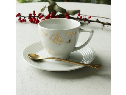 Vánoční Espresso šálek s podšálkem zlaté jmelí