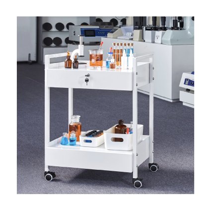 Laboratorní vozík, 2patrový užitkový vozík z nerezové oceli, lékařský vozík se 2 zásuvkami, pojízdný laboratorní vozík s bílou barvou, servírovací vozík s otočnými kolečky pro laboratoře, nemocnice, zubaře, salony a kosmetiku