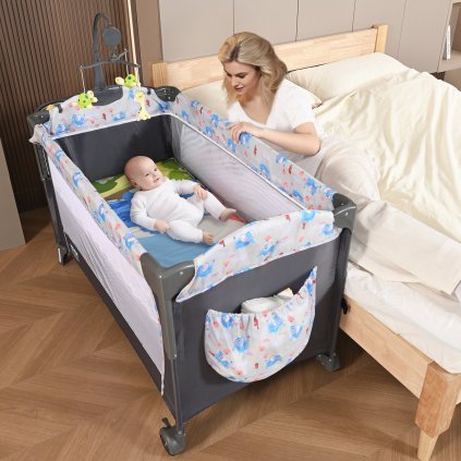 Kočárek, nosnost 77 lb, snadné skládání Přenosný kočárek u postele s úložným košem a kolečky, kolébka, noční postýlka s moskytiérou pro novorozence chlapce