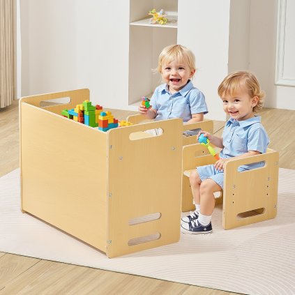 Set stolku a židličky Montessori Psací stůl pro batolata se 2 židličkami ze dřeva