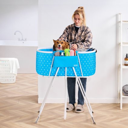 Skládací psí vana, vyvýšená světle modrá, koupací stanice pro psy a kočky