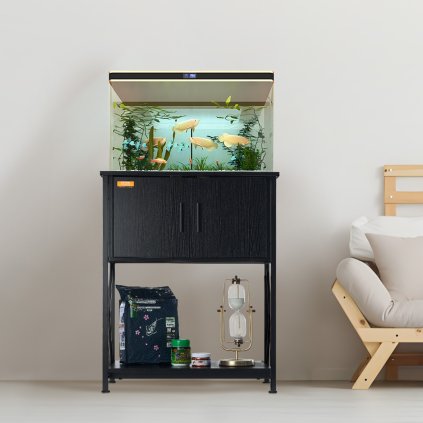 Stojan na akvárium, stojan na 20galonovou nádrž, 25,6 x 16,5 x 31,9 palce, ocelový a MDF stojan na akvárium pro želvy, nosnost 167,6 liber, stojan na akvárium pro plazy s úložnou skříní a vestavěným napájecím panelem, černý