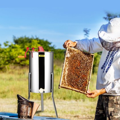 Ruční medomet, 3rámkový medomet, nerezová včelařská extrakce, voštinový buben s víkem, včelí odstředivka s výškově nastavitelným stojanem