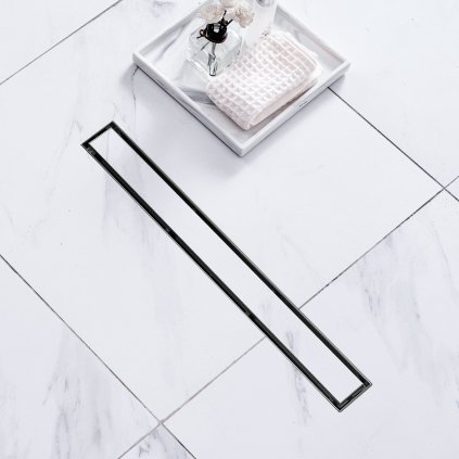 Lineární sprchový odtok 610 mm s odsazením a krytem do dlaždic, obdélníkový sprchový odtok z kartáčované nerezové oceli 304, elegantní lineární odtok s vlasovým sítkem, černý