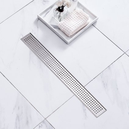 Lineární sprchový odtok 610 mm s čtvercovým roštem, obdélníkový sprchový odtok z kartáčované nerezové oceli 304, lineární odtok s vyrovnávacími nožičkami, sítko na vlasy stříbrné barvy