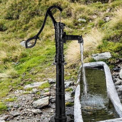 Ruční vodní čerpadlo se stojanem, džbánové čerpadlo 15,7 x 9,4 x 53,1 palce a stojan čerpadla 26 palců s přednastavenými otvory 1/2" pro snadnou instalaci, rustikální litinové čerpadlo do studny pro zahradu, dvůr a zavlažování farmy, černé