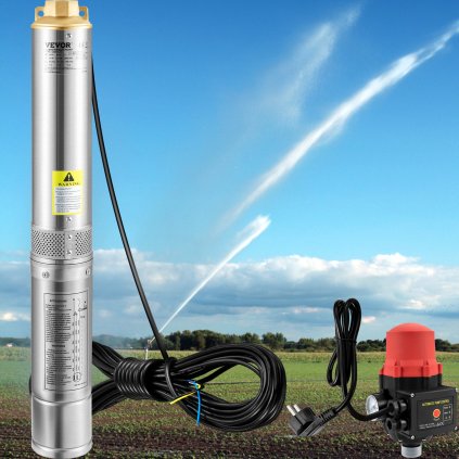 Ponorné čerpadlo do hlubinných vrtů, 750 W 230 V / 50 Hz, průtok 105 l/min, výška 62 m, kabel 20 m a automatický tlakový spínač, 8,9 cm nerezová vodní čerpadla pro průmyslové, zavlažovací a domácí použití, vodotěsné IP68