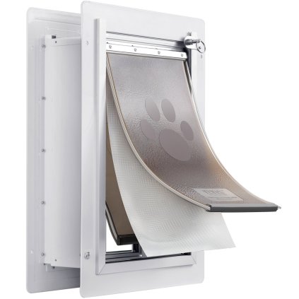 Dvířka pro domácí mazlíčky na zeď se zámkem a 3 magnetickými klapkami, kovový rám, střední velikost