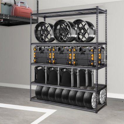 Úložný regál, 5patrový nastavitelný, nosnost 900 kg, odolný garážový regál, kovový organizér, drátěný regál, černý, délka 152 cm x šířka 61 cm x výška 218 cm, pro kuchyň, spíž, sklep, koupelnu, prádelnu