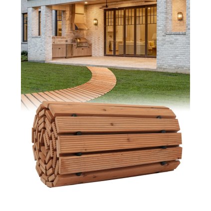 Zakřivená dřevěná zahradní cesta o rozměrech 2,4 m (délka) x 4,3 m (šířka)