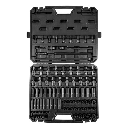 Sada rázových nástrčných klíčů 3/8", 90dílná sada nástrčných klíčů SAE 1/4"-3/4" a metrické 6-19 mm, 6hranná Cr-Mo legovaná ocel pro opravy automobilů, včetně prodlužovacích tyčí, adaptéru univerzálního kloubu, úložného pouzdra na zámek