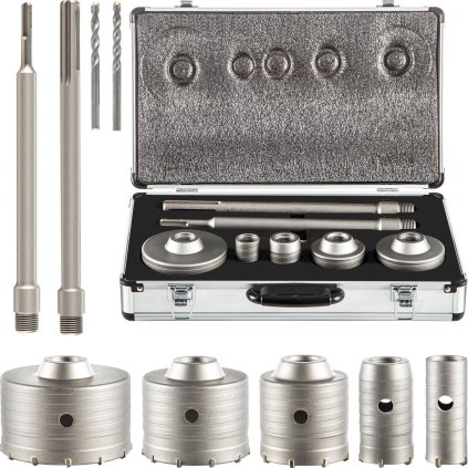 Sada děrových pil do betonu, sada vrtáků 3-2/11", 3-3/5", 6-9/16", 8-5/32", 8-15/16", fréza na děry do zdi se stopkou SDS Plus a SDS MAX s spojovací tyčí 4-1/3" pro beton, cement, kamennou zeď a další