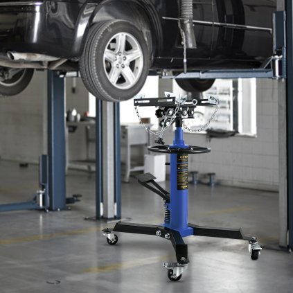 Zvedák převodovky, nosnost 0,5 tuny/1100 liber, hydraulický teleskopický zvedák převodovky, 2stupňový podlahový stojan s pedálem, otočné kolo o 360°, garážový/dílenský zvedák, modrý