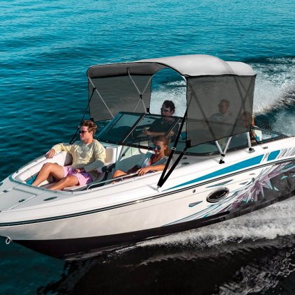 Kryt lodi Bimini Top se 3 příděmi, odnímatelné bočnice ze síťoviny, stříška z polyesteru 600D s rámem z hliníkové slitiny o tloušťce 2,5 cm, včetně úložného prostoru, 2 podpůrných tyčí, 2 popruhů, délka 1,8 m x výška 126,5 m x šířka 226,5 m, světle š