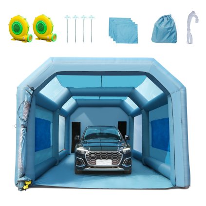 Nafukovací stříkací kabina, stan na lakování automobilů, 28x16x11 stop, filtrační systém, 2 dmychadla