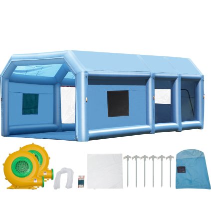 Nafukovací lakovací kabina, 32,8 x 21 x 14,8 stop, s výkonnými ventilátory 1100 W + 750 W a systémem vzduchového filtru, přenosná lakovací kabina pro velké nákladní automobily, velké dodávky, velké stroje
