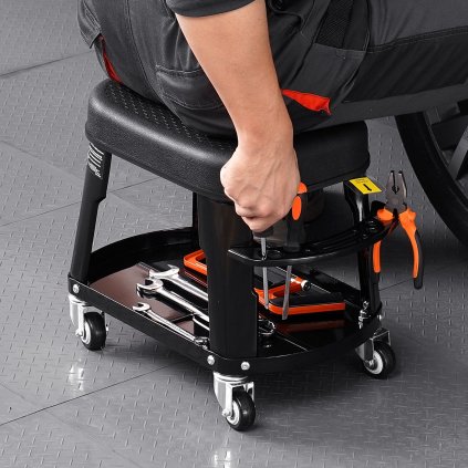 Židle pro mechaniky, pojízdné dílenské sedadlo, nosnost 136 kg, s kolečky a odkládacím stolem na nářadí