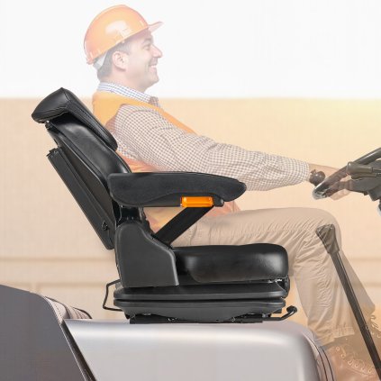 Sklopné sedadlo vysokozdvižného vozíku, odpružené sedadlo traktoru, nastavitelné opěradlo a opěrka hlavy