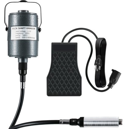 Bruska s flexibilní hřídelí S, rotační nástroj 380 W, rotační řezbářská hlava 500–23 000 ot./min. s 1/4" 3čelisťovým sklíčidlem a plynule řízeným nožním pedálem, závěsná bruska 131 ks příslušenství pro leštění a broušení šperků, kutilství