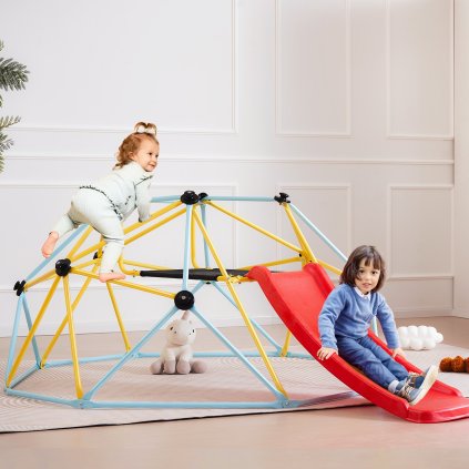 Lezecká kopule, 2,4 m geometrická kopule s prolézačkou a skluzavkou, pro děti od 3 do 9 let, nosnost 270 kg, snadná montáž, s lezeckou rukojetí, venkovní i vnitřní hrací vybavení pro děti