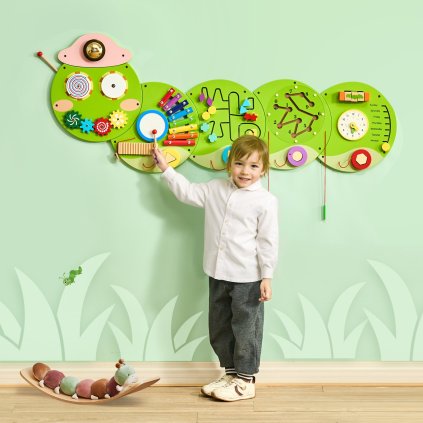 Nástěnná hračka Caterpillar Activity Wall, nástěnné panely, 12 aktivit, senzorická nástěnná hračka