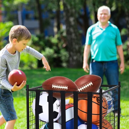 Vozík na sportovní míče s kolečky, uzamykatelná basketbalová klec s elastickými popruhy, držák sportovního vybavení pro vnitřní i venkovní použití, ocelový úložný stojan pro garáže, hřiště, tělocvičny a školy