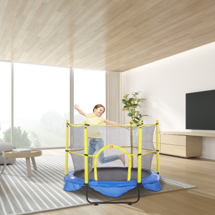 Dětská trampolína o délce 1,5 m, vnitřní i venkovní trampolína o průměru 152 cm s bezpečnostní sítí, basketbalovým košem a oceánskými míči, mini rekreační trampolína pro batolata, narozeninový dárek pro děti od 3 let.