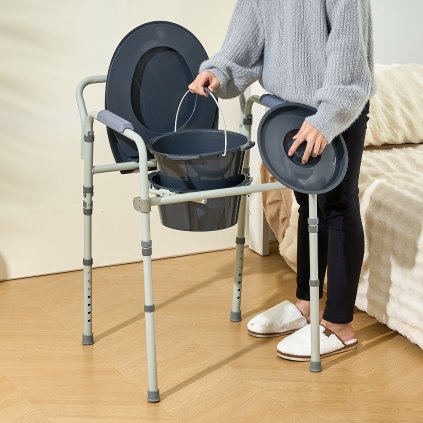 Toaletní křeslo, noční toaleta s širším sedátkem, nastavitelná výška v 7 úrovních, odnímatelné vědro o objemu 5,8 l, snadná montáž, nosnost 158 kg, vyvýšené sedátko pro dospělé a seniory