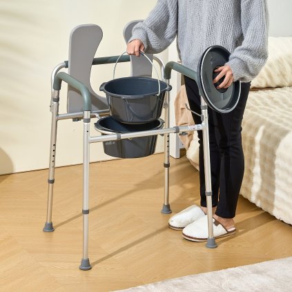 Toaletní křeslo, noční toaleta s polstrovaným sedákem a područkami, nastavitelná výška v 7 úrovních, odnímatelný kbelík o objemu 5,8 l, snadná montáž, nosnost 156 kg, vyvýšené sedátko pro dospělé a seniory