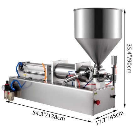 Pneumatický pístový plnicí stroj o objemu 1000-5000 ml, poloautomatický plnicí stroj, násypka 50 l z nerezové oceli, pneumatický plnicí stroj s dvojitým použitím pro pastu, tekutou plnicí linku na krém, šampon, zubní pastu, esenciální olej a další.