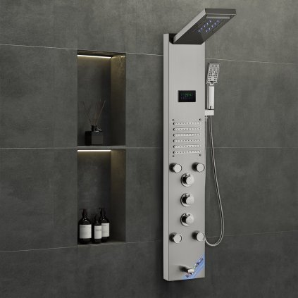 Sprchový panel, věžový systém, 6 režimů, hydroelektrárna, LED, nerezová ocel