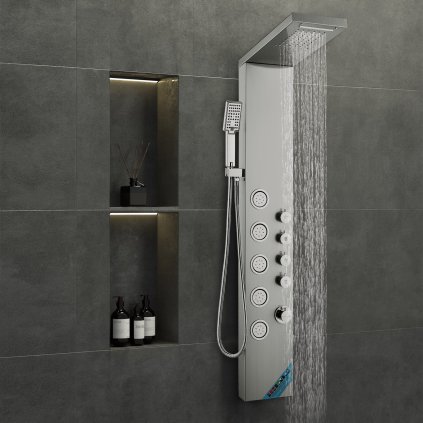 Sprchový panelový systém, 4 sprchové režimy, věžový sprchový panel, déšť, vodopád, 5 masážních trysek na celé tělo a ruční sprchová hlavice se 3 nastaveními s hadicí 59", nástěnná sprchová sada z nerezové oceli