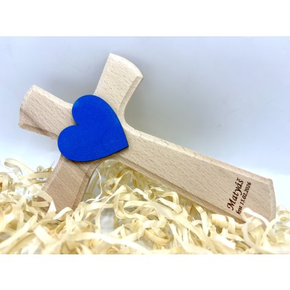 Drevený krížik ku krstu - Modré srdce