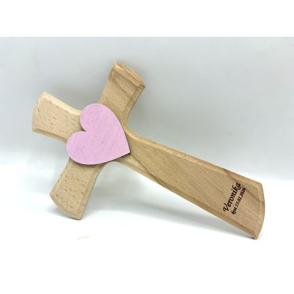 Drevený krížik ku krstu - Ružové srdce
