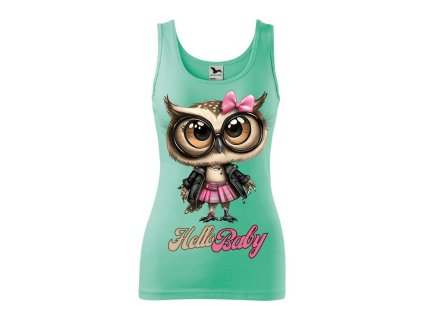 damske-bavlnene-tilko-s-potiskem-moderni-stylova-sova-hello-baby-originalni-vtipny-potisk-motiv-malfini-adler-100%-bavlna-zelene-matove