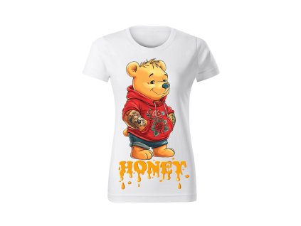 damske-bavlnene-tricko-s-potiskem-medvidek-pu-potetovany-moderni-disney-malfini-adler-100%-bavlna-bile