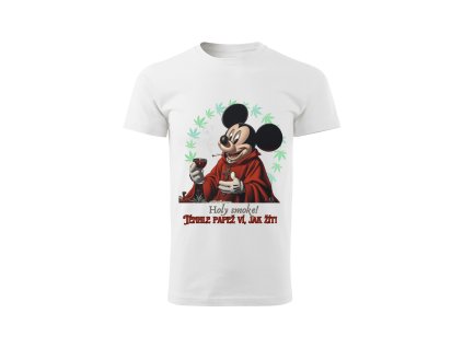 panske-bavlnene-tricko-s-potiskem-mickey-mouse-minnie-mouse-disney-mickey-mouse-jako-papez-ktery-vi-jak-zit-pro-rouhace-malfini-adler-100%-bavlna-bile