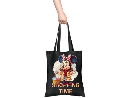 damska-bavlnena-taska-s-originalnim-potiskem-minnie-mouse-na-nakupech-minnie-shopping-time-nakupni-damska-taska-pixy-100%-bavlna-cerna