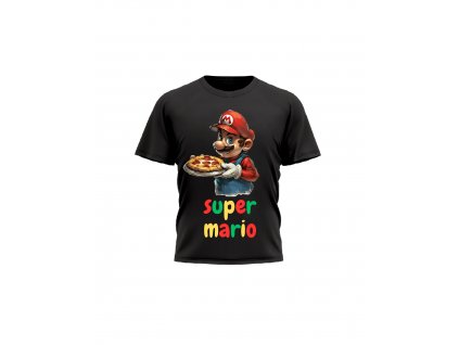 Detske-tricko-s-kratkym-rukavem-triko-pro-kluka-triko-s-motivem-Super-Mario-s-pizzou-super-mario-baked-pizza-malfini-adler-cerne-100%-bavlna