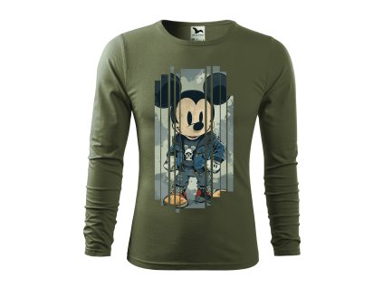 panske-bavlnene-tricko-s-dlouhym-rukavem-s-potiskem-drsnak-mickey-mouse-disney-pro-milovniky-mickey-mouse-darek-na-vanoce-vanocni-darek-malfini-adler-100%-bavlna-khaki