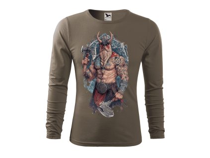 panske-bavlnene-tricko-s-dlouhym-rukavem-s-potiskem-vikinga-se-sekerami-thor-ragnarok-malfini-adler-vanocni-darek-darek-na-vanoce-100%-bavlna-army
