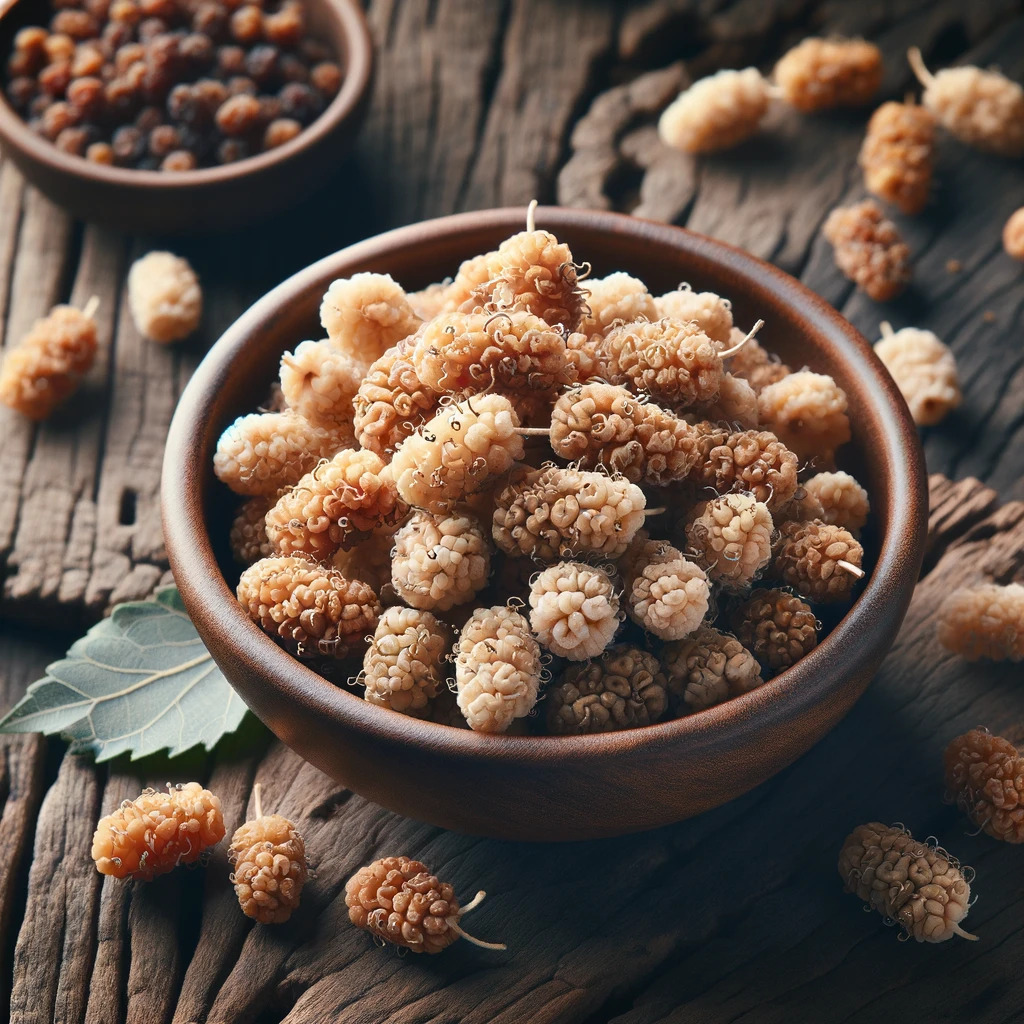 Miska se sušenými plody moruše.