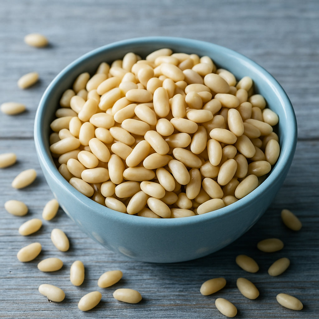 Detail na piniové oříšky v misce.