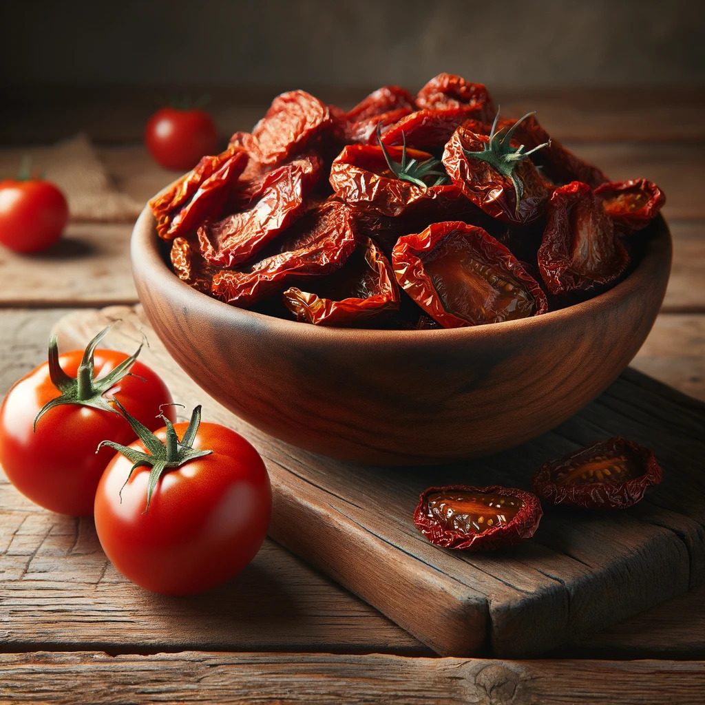 Detail na sušená solená rajčata v půlkách.