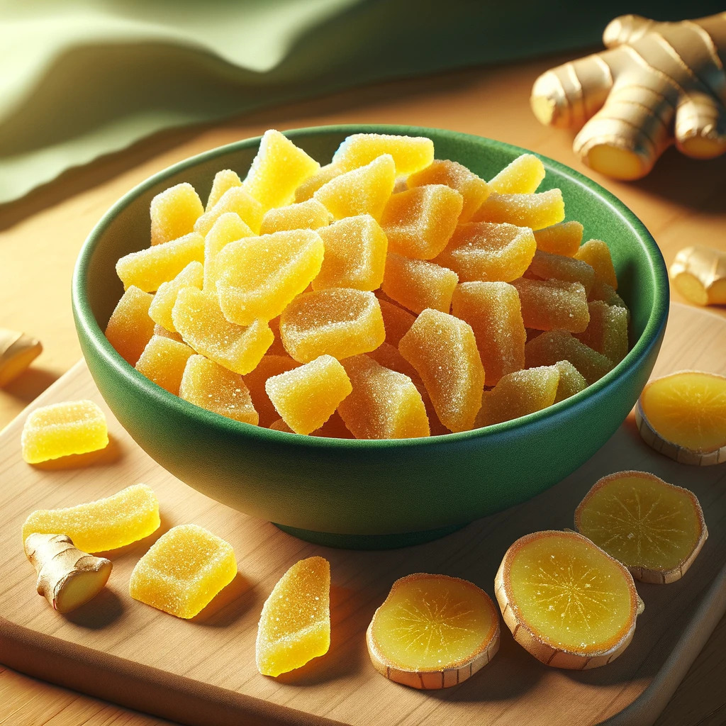 Kousky proslazeného sušeného zázvoru.