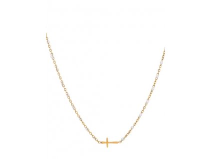 Ornmenti.cz Pozlacený náhrdelník Cross White Beads gold 1
